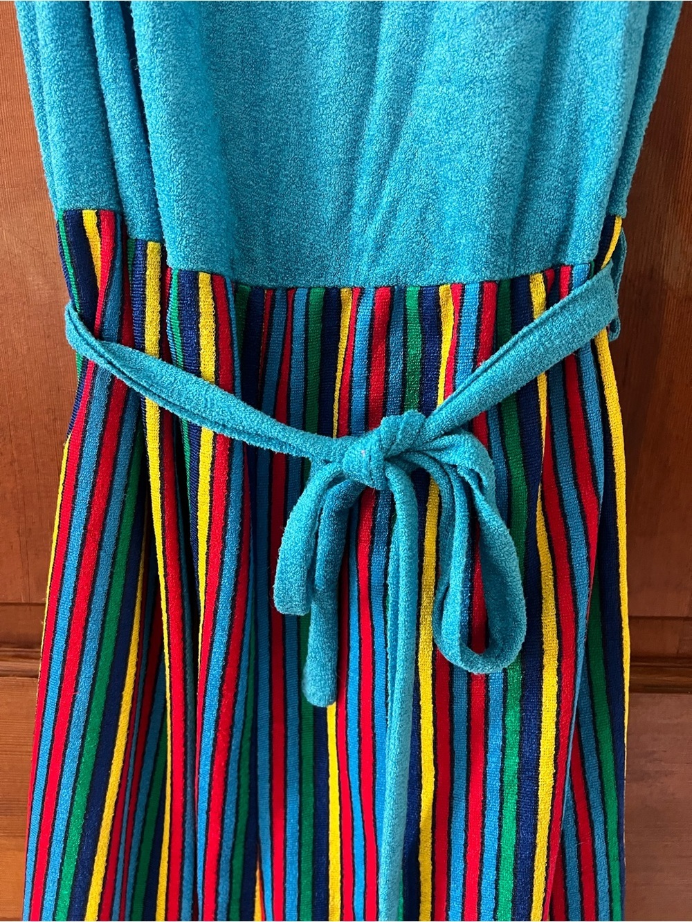 Vintage Colorblock Terry Cloth Sundress | Rainbow Stripe Resort Wear 80s 90s - Picture 3 of 8